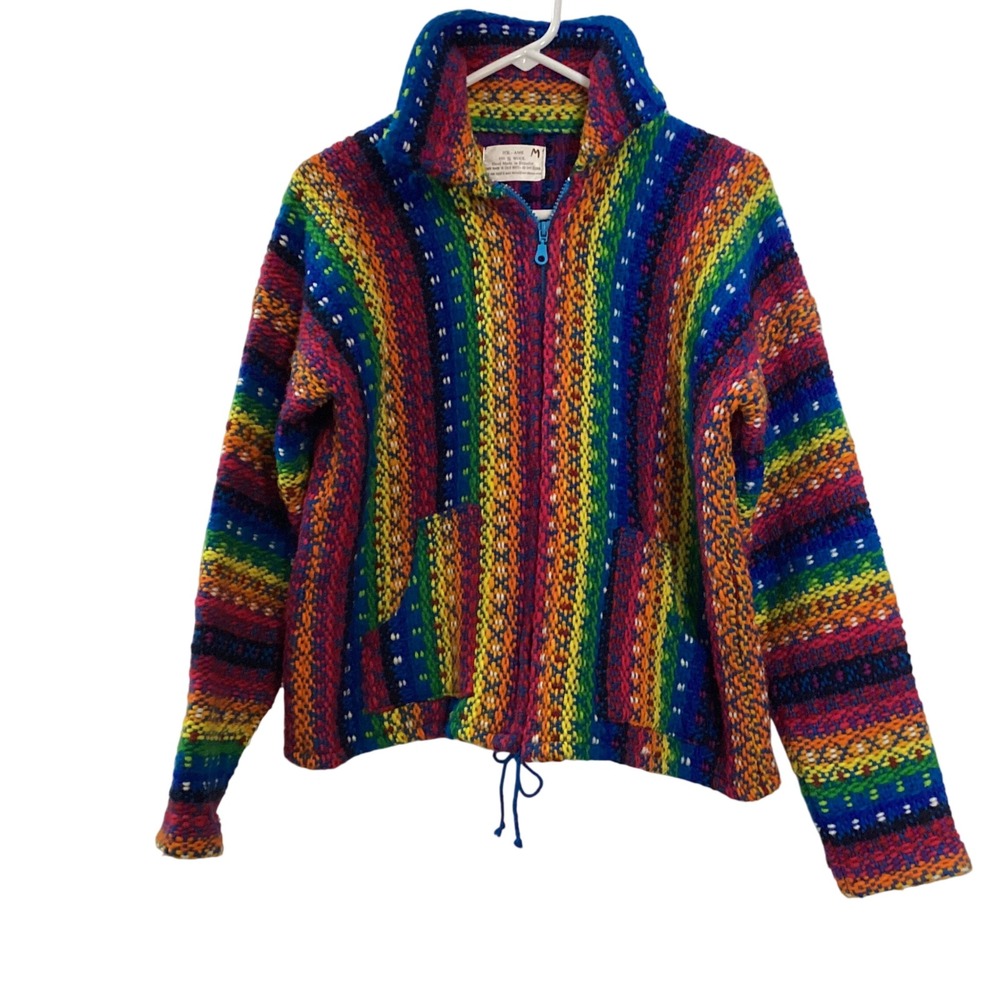 Ice-Ame Rainbow Wool Festival Zip Jacket M Hand Made Ecuador Striped Boho Hippie